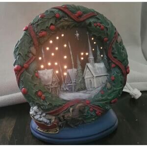 Vintage 90's Lighted Ceramic Lamp Church Snow Scene Wreath Mold